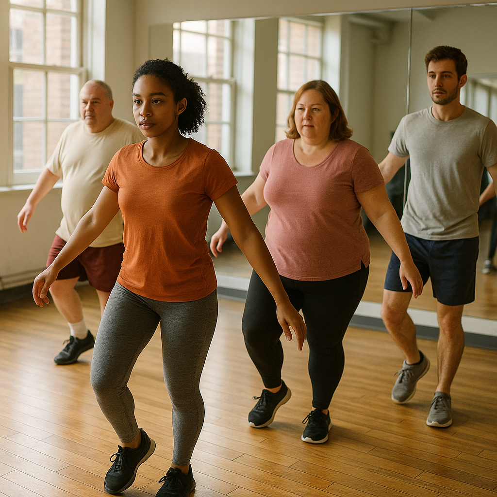 A diverse group of beginners taking their first dance steps in a sunlit studio with a mirror wall reflecting their determined faces.