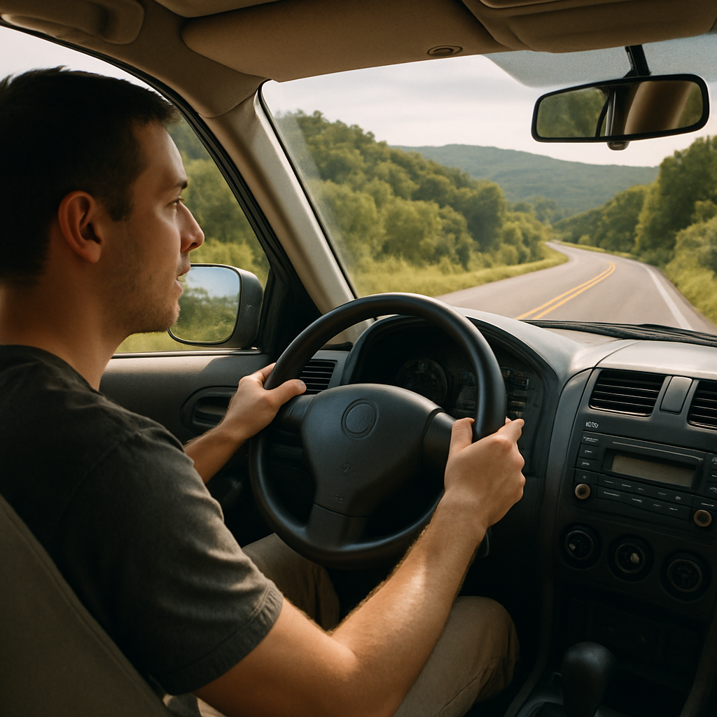 Calm Driver on Scenic Road Driver's hands on a steering wheel inside an SUV, navigating a scenic winding road with a calm expression.