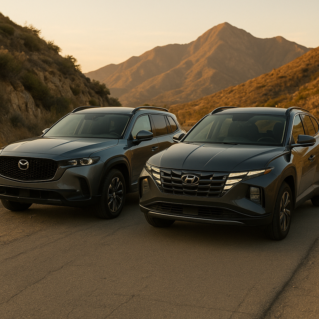 Two compact SUVs, a Mazda CX-50 and Hyundai Tucson, parked side-by-side on a scenic mountain road with golden hour lighting.