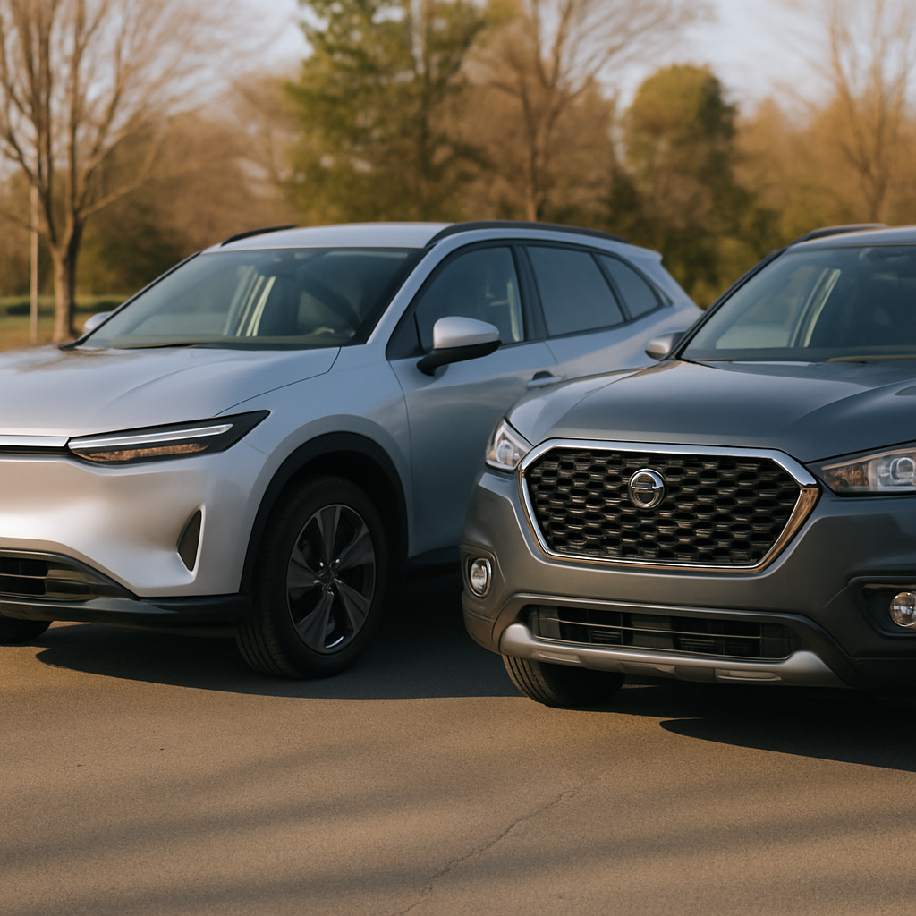 Contrasting Modern SUVs Two modern SUVs parked side by side, showcasing contrasting exterior styles in daylight.