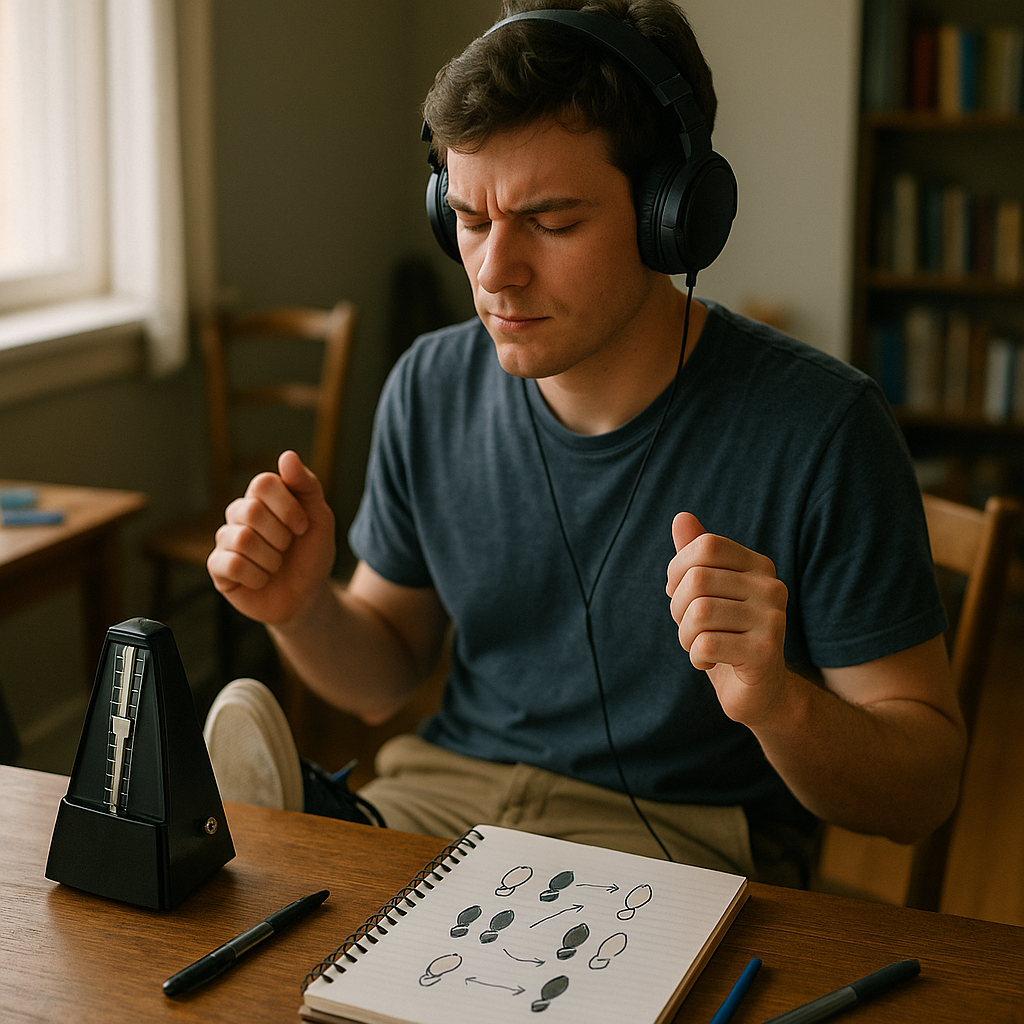 Focused Dancer with Headphones Person wearing headphones, tapping feet to music with a focused expression, metronome on table, and a notepad with dance steps.