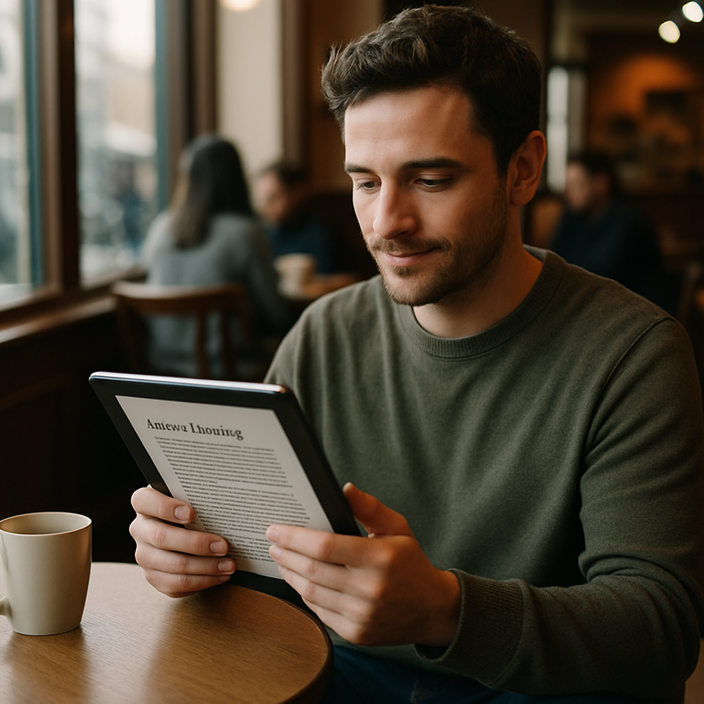 A person reading an article on a tablet in a cozy coffee shop with soft natural lighting and other patrons in the background.