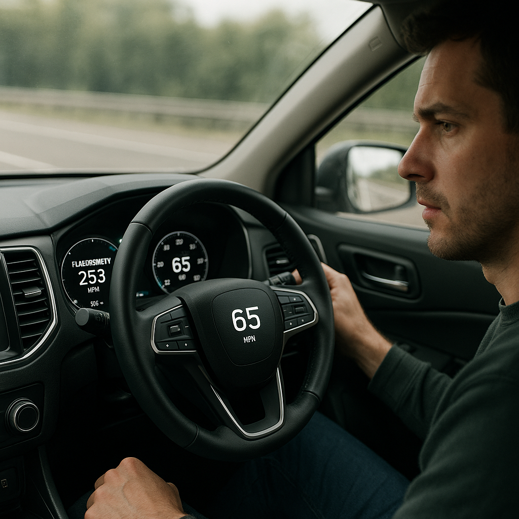 SUV Dashboard Display Dashboard view of digital fuel economy and speed displays inside an SUV, with the driver glancing at the gauges and a blurred highway in the background.