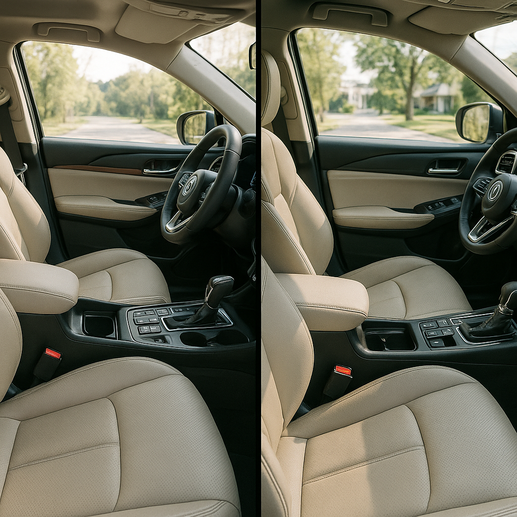 Split View of SUV Interiors Split view of two SUV interiors showcasing spacious cabins with seats, dashboard features, and infotainment screens in bright natural lighting.