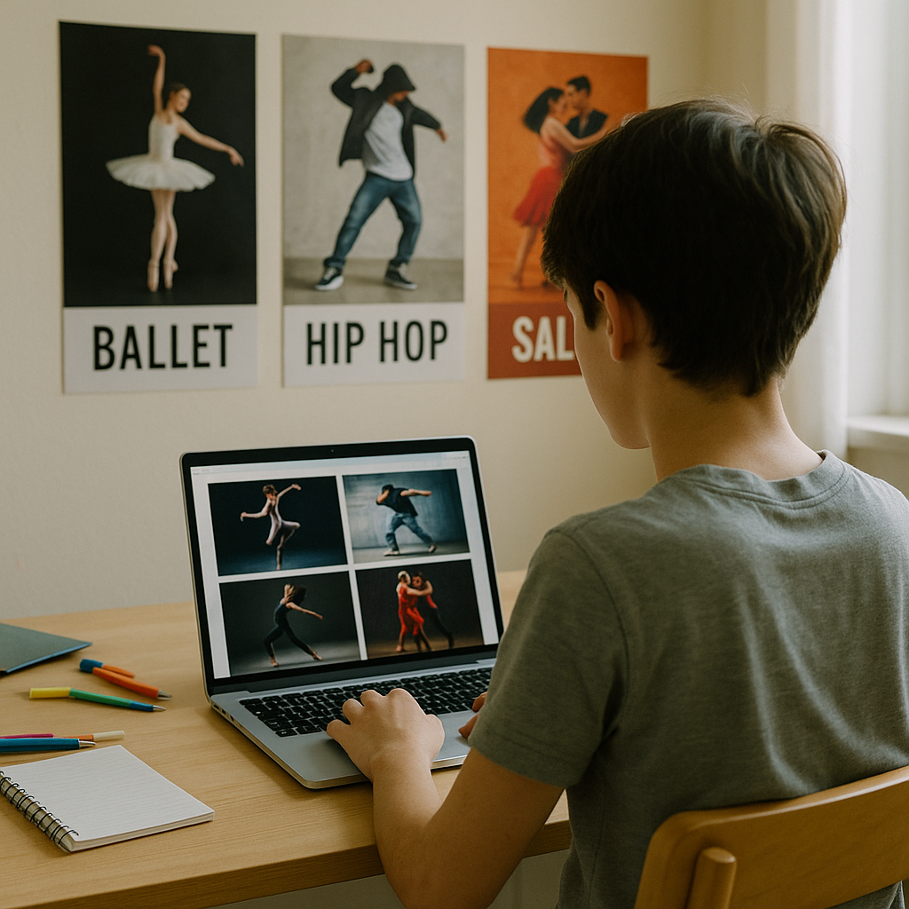 Exploring Dance Styles Online Young person looking at dance styles on a laptop in a bright room with dance posters on the wall.