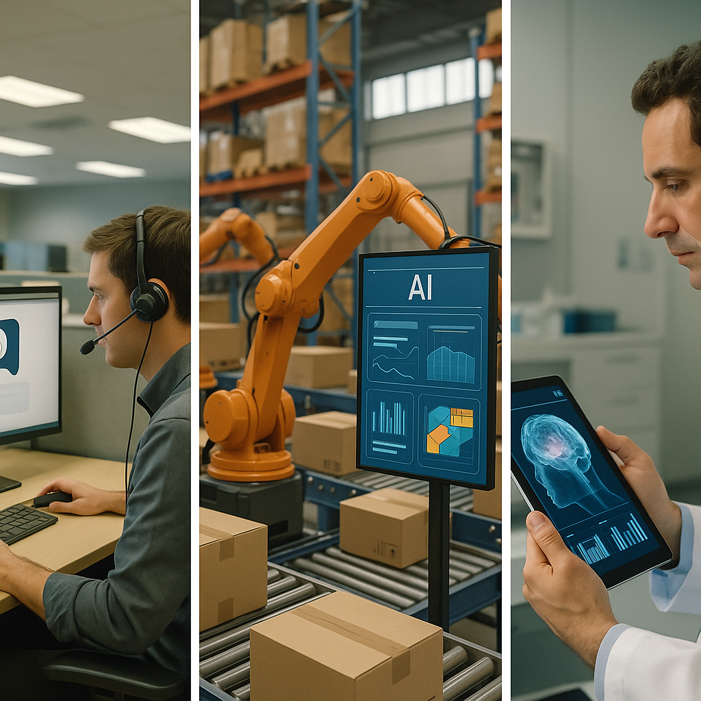Triptych of photorealistic vignettes: left — customer service agent wearing a headset using an AI assistant on a monitor; center — automated warehouse with robotic arms operating under a management dashboard; right — healthcare professional viewing an AI diagnostic visualization on a tablet. Consistent lighting and cohesive blue-gray color palette across panels.