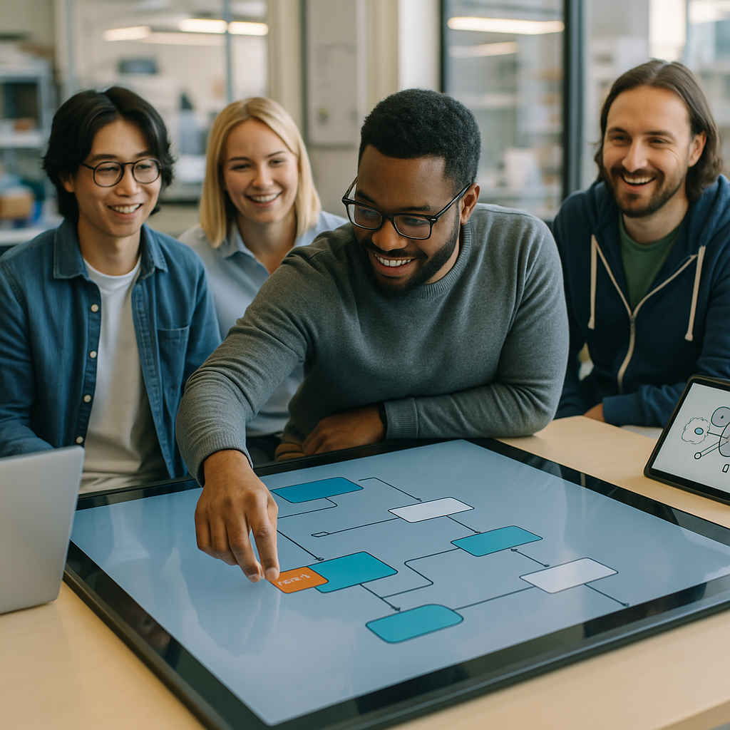 A diverse group of developers and non-technical users gathered around a large touchscreen table in a bright modern lab; one person drags visual blocks to build a workflow while others watch and smile, with laptops and tablets nearby showing simplified AI diagrams in warm natural light.