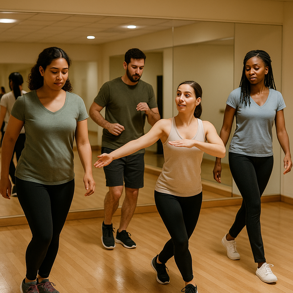 Photo-realistic dance studio with a diverse group of beginners practicing basic moves: a woman doing a simple two-step, a man on a basic box step, another student performing a gentle grapevine, and an instructor demonstrating a basic arm position. Hardwood floor, full-length mirrors reflecting the students, soft warm overhead lighting, casual athletic wear, focused relaxed expressions.