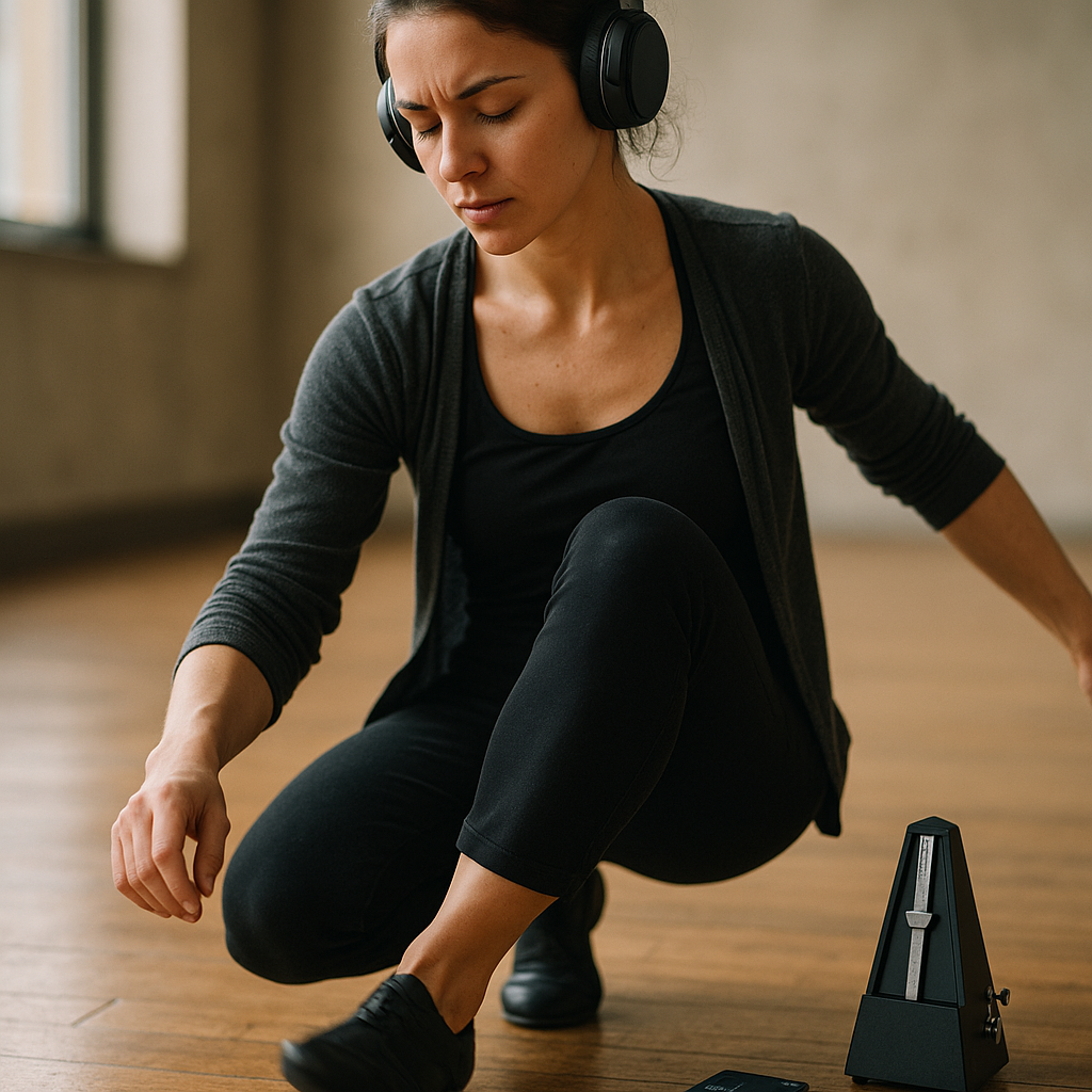 Close-up of a dancer wearing wireless headphones, concentrating as one foot taps on a wooden floor; a metronome and smartphone showing a waveform sit nearby, with motion blur on the tapping foot and soft studio window light in the background.