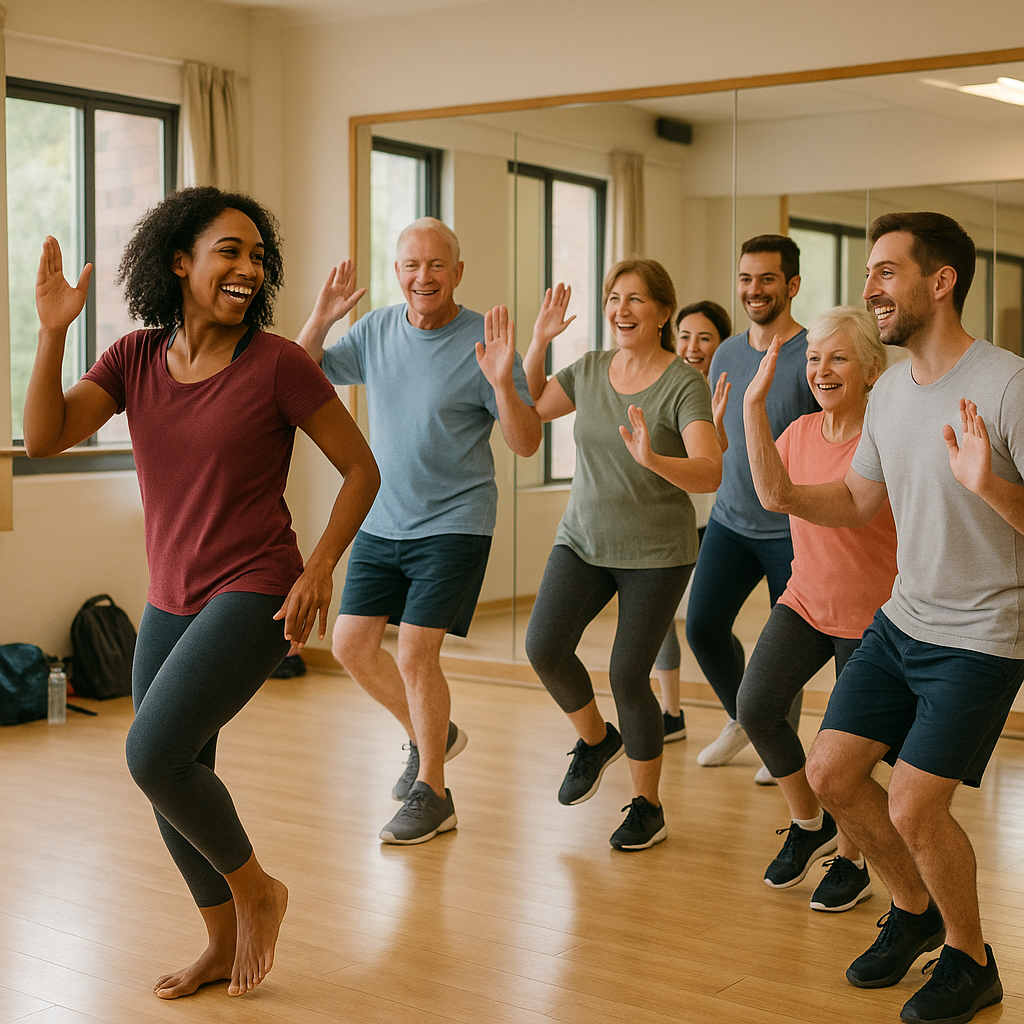 Diverse group of people of different ages learning dance in a bright studio; instructor guides barefoot beginners as warm natural light and mirrors highlight joyful movement and casual workout attire.