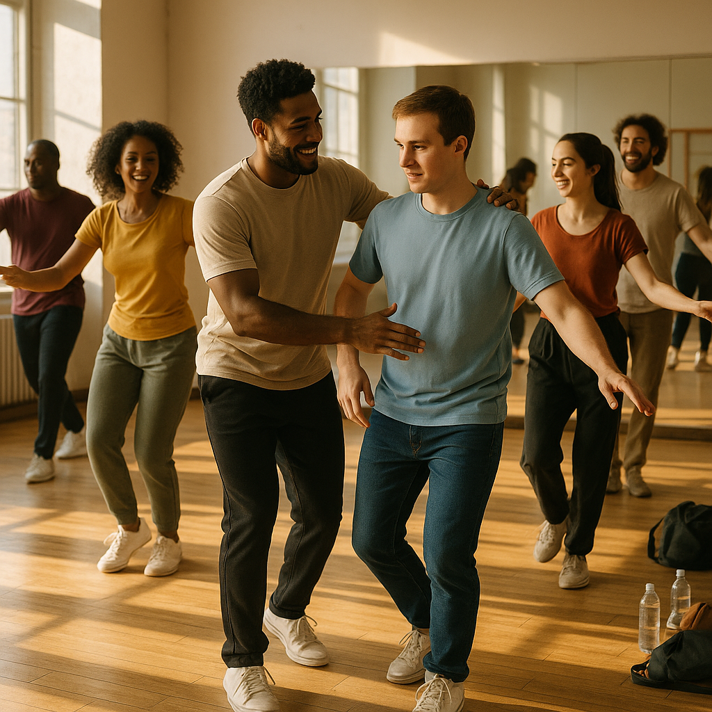 Diverse group learning to dance in a sunlit studio, instructor guiding a beginner as others move joyfully on a wooden floor with mirrors softly reflecting motion.