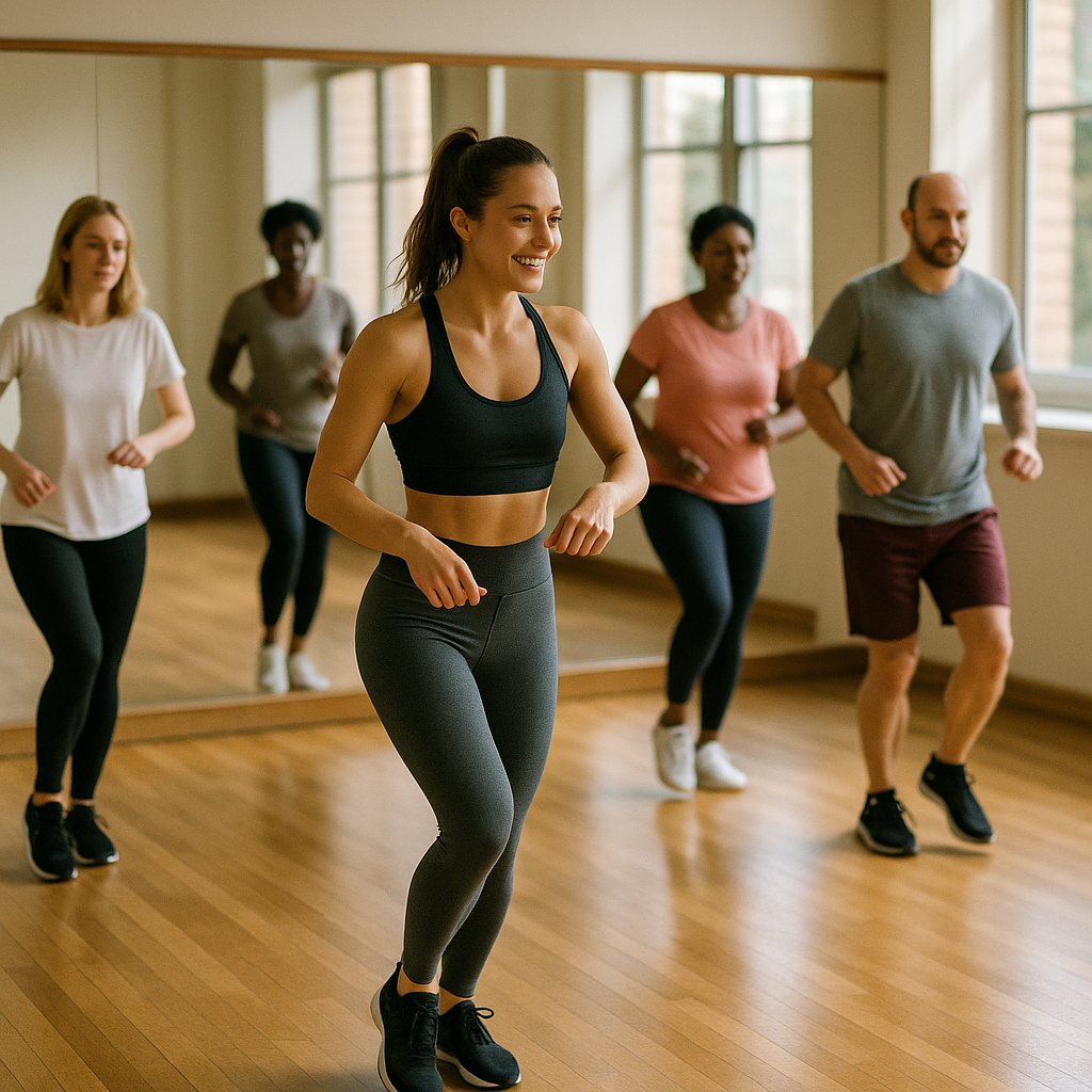 A group dance class with an instructor demonstrating steps in front of a mirrored studio wall while students imitate the moves.