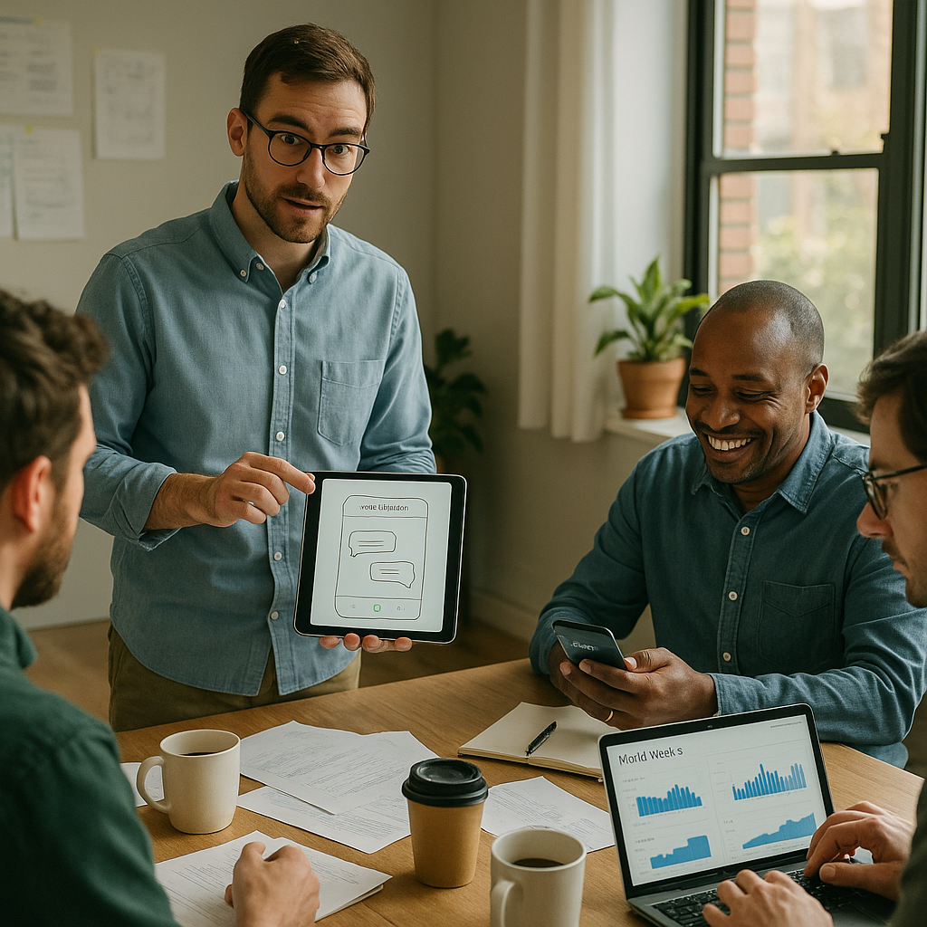 Collage-style office scene with three people: a product manager presenting a prototype on a tablet, a data scientist reviewing model metrics on a laptop, and a small business owner smiling while testing a chatbot on a smartphone, lit by natural light with realistic office details.