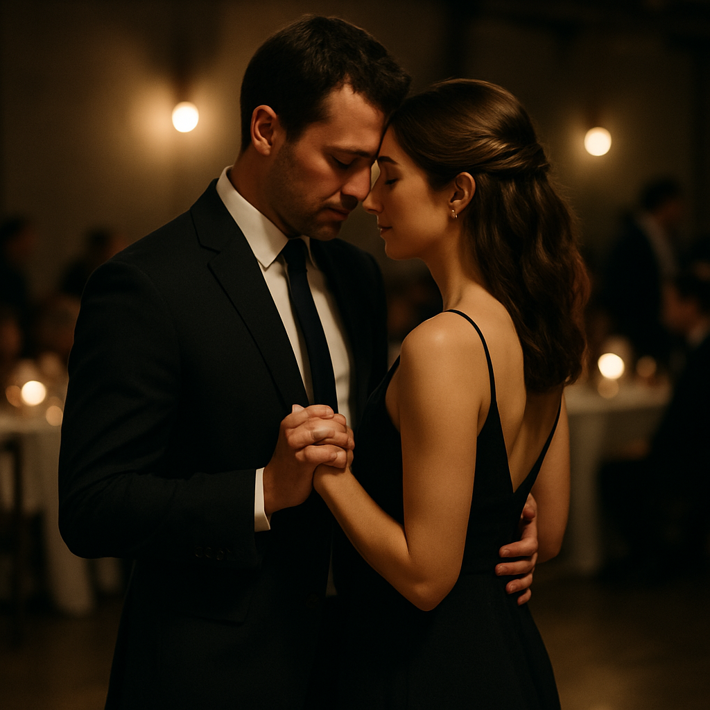 A romantic couple slow dancing in evening attire on a softly lit dance floor, sharing a gentle embrace in an intimate atmosphere.