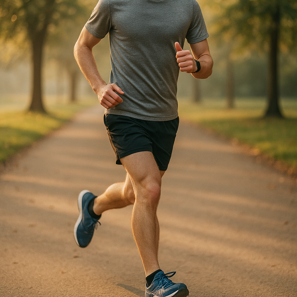 Close-up photo of a runner mid-stride on a sunlit park path, waist-height camera showing neutral torso with slight forward lean, arms bent 90° and swinging relaxed, loose hands, shoe contacting ground under the hips; early morning golden light and shallow depth of field highlight muscles and running shoes.