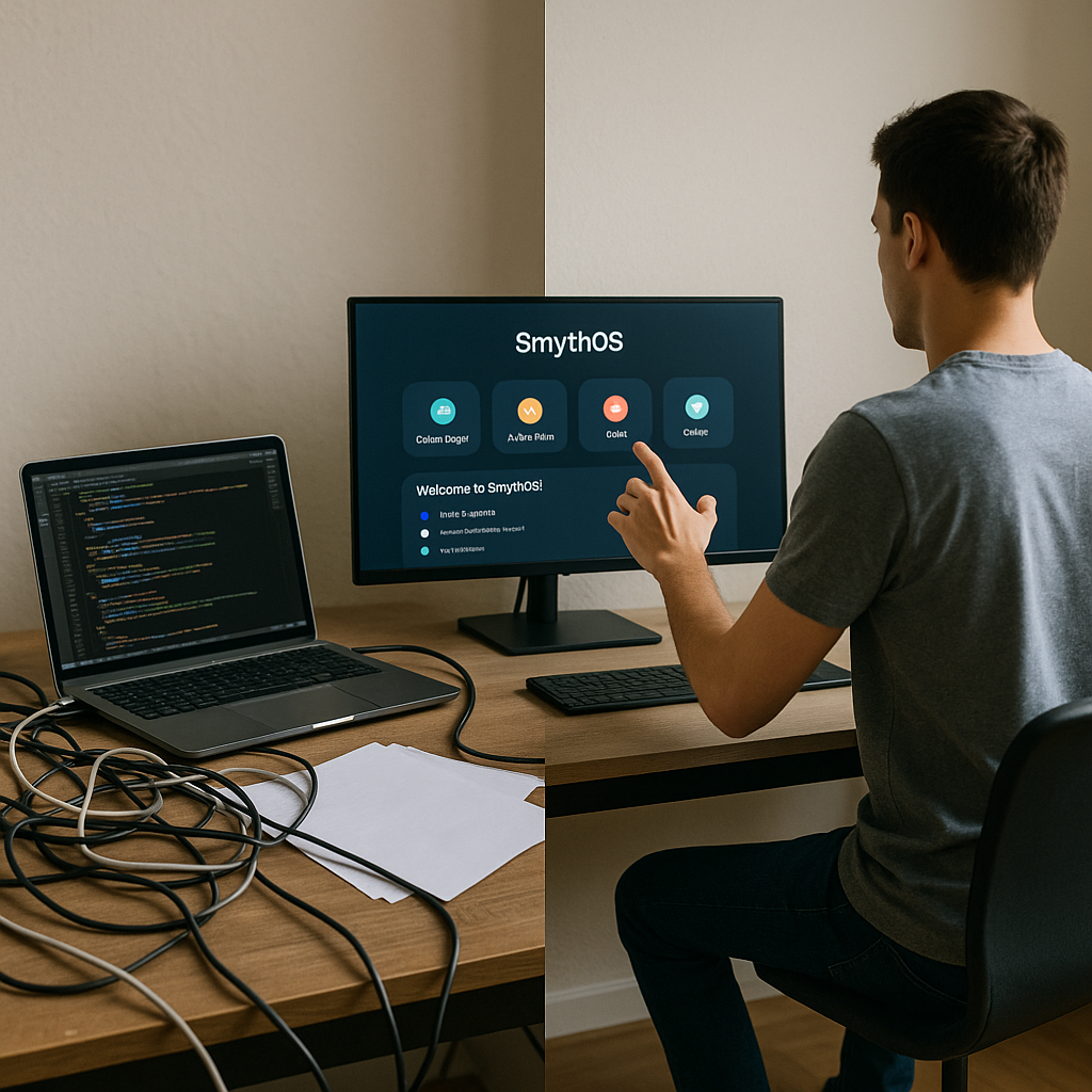 Split before-and-after scene: left shows a cluttered desk with tangled cables, open code files and dim lighting; right shows a tidy workspace with a glowing monitor displaying an intuitive SmythOS interface and a confident developer reaching toward the screen under cinematic lighting.