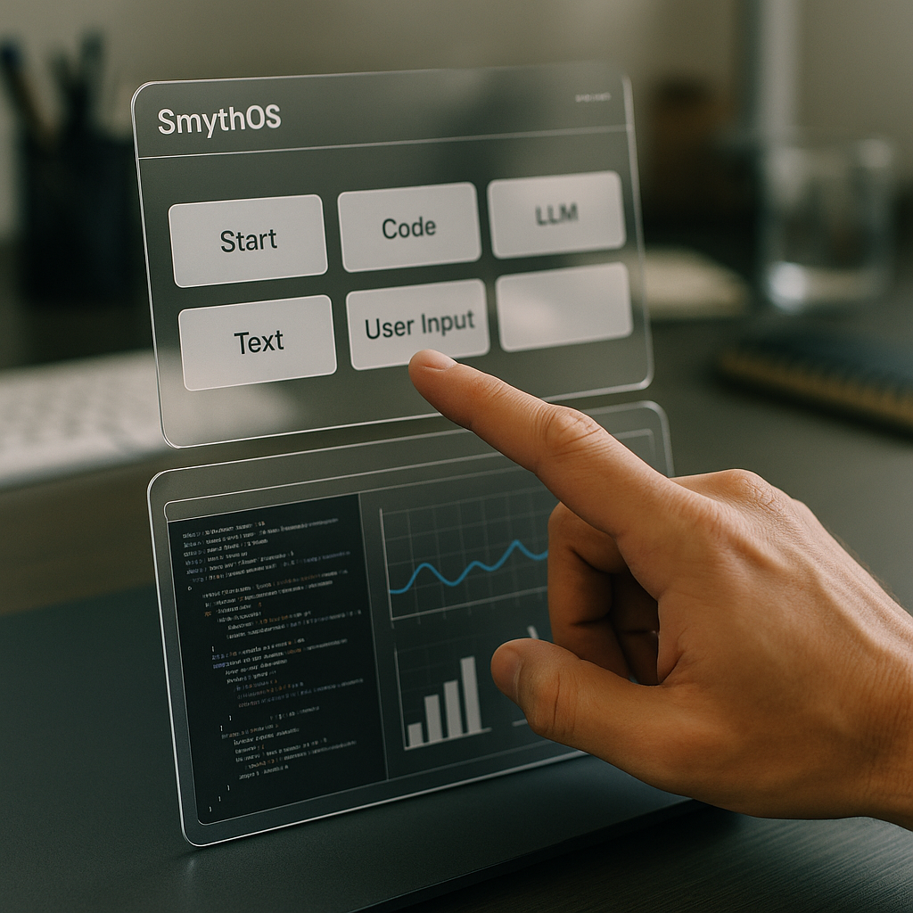 Close-up of two stacked transparent software dashboards on a desk: the top labeled 'SmythOS' with drag-and-drop modules and clear, human-readable labels; beneath it a crowded dashboard with dense code and complex charts; a focused hand points to the simple SmythOS interface under crisp studio lighting, photo-realistic.