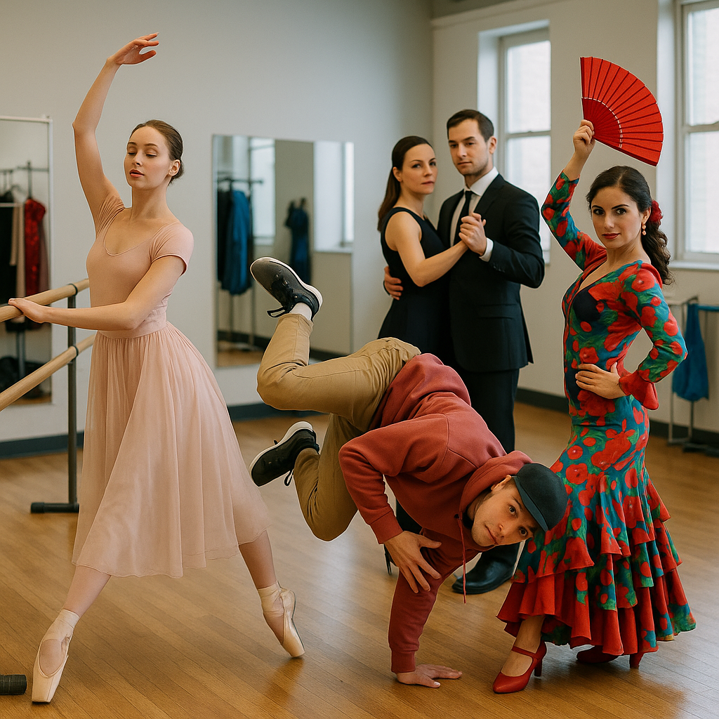 Collage-like photo-realistic studio scene showing four dancers: a woman in a flowing dress at a barre in a classical ballet pose, a man in streetwear mid-air in a hip-hop freeze, a couple in elegant attire practicing a ballroom frame, and a dancer in colorful costume holding a fan in a flamenco stance; clean studio with clear lighting highlighting each style.