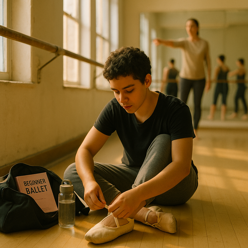 Young adult tying dance shoes at the edge of a sunlit studio; open dance bag with beginner manuals and water bottle; encouraging instructor in background pointing toward mirrored studio where a small class is starting; warm morning light through large windows, scuffed shoes and chalk marks on the barre.
