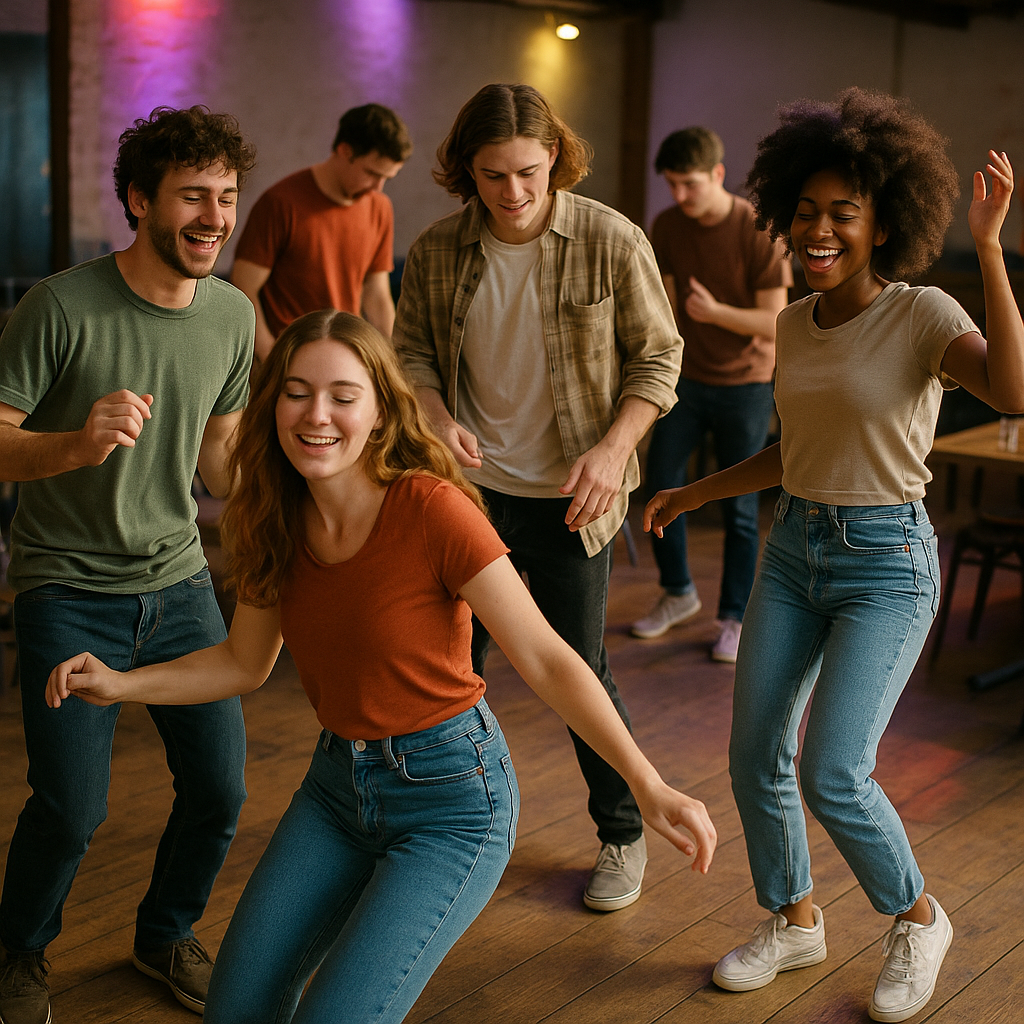 Young people dancing freely on a wooden dance floor under colorful lights.