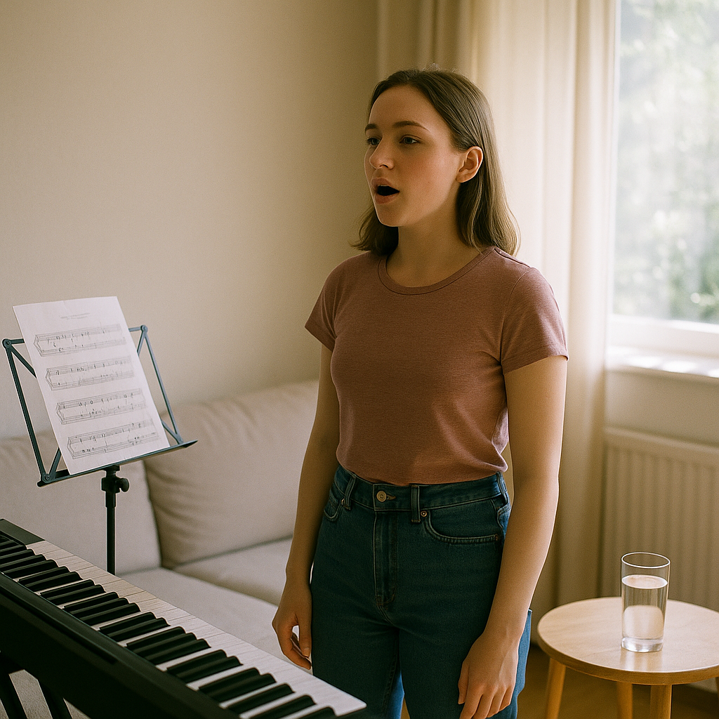 Beginner singer standing in a sunlit living room with good posture—feet hip-width, relaxed shoulders—holding sheet music near a piano keyboard on a table with a glass of water; focused, photorealistic scene.