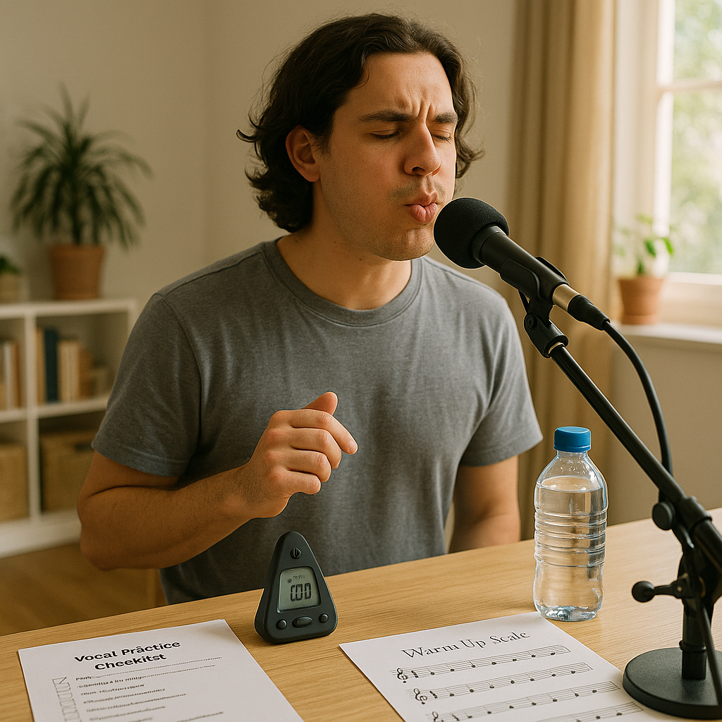Bright home studio table with a neatly arranged daily vocal routine: printed practice checklist, metronome, water bottle, warm-up scale sheet, and a singer in casual clothes doing lip trills into a microphone on a stand in natural daylight through a window.