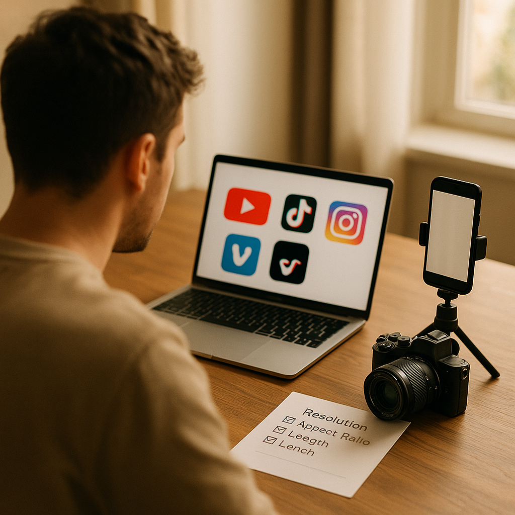Content creator at a tidy desk in warm window light: laptop screen showing YouTube, TikTok, Instagram and Vimeo logos, mirrorless camera beside it, smartphone on a tripod displaying vertical video framing, and a printed checklist labeled ‘Resolution, Aspect Ratio, Length’. Shallow depth of field, modern home studio vibe.
