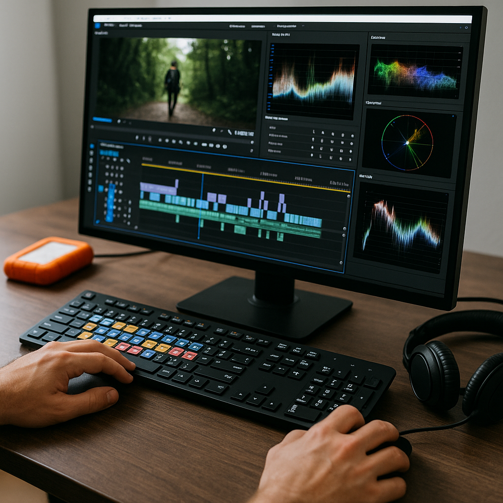 Desktop video editing setup with a large monitor showing a cut timeline and color grade scopes, an editing keyboard with shortcut labels, external hard drive and headphones nearby, and an artist’s hands hovering over the mouse and keyboard under crisp studio lighting.