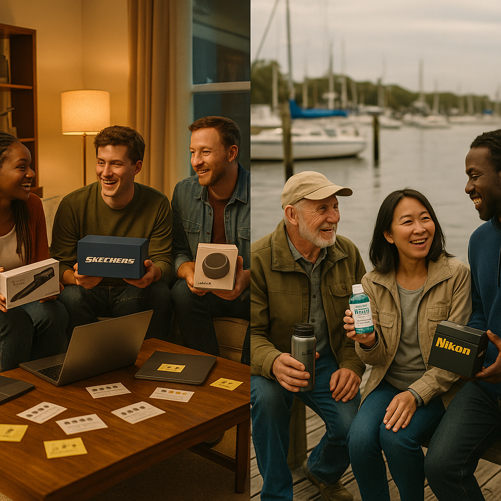 Candid, photo‑realistic scene of diverse people gathered in a cozy living room and standing on a nearby fishing dock at dusk, holding different branded products while talking and smiling; open laptops and printed review cards on a coffee table with sticky notes showing star ratings, warm evening light.