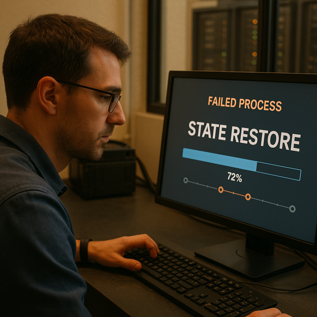 Close-up of a calm, focused engineer at a workstation restoring a failed process. The monitor shows a progress bar labeled 'State Restore' and an interactive timeline with highlighted checkpoints; redundant server racks are visible through a window in the background. Warm natural studio lighting, hyper-realistic photo.