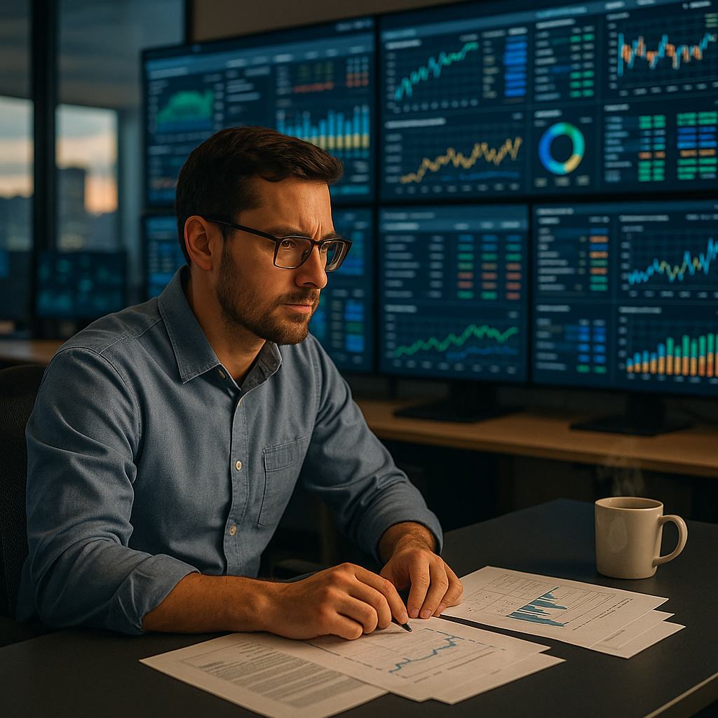Engineer in a modern control room monitoring multiple large financial dashboards on screens, surrounded by papers with charts and a coffee cup, evening light casting a calm, vigilant atmosphere.