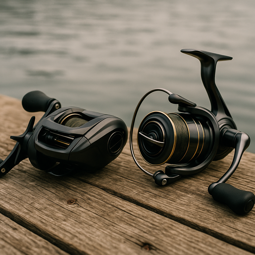 Close-up of two high-end fishing reels — a baitcasting reel and a spinning reel — resting on a weathered wooden dock with calm water in the background under overcast, cinematic light.