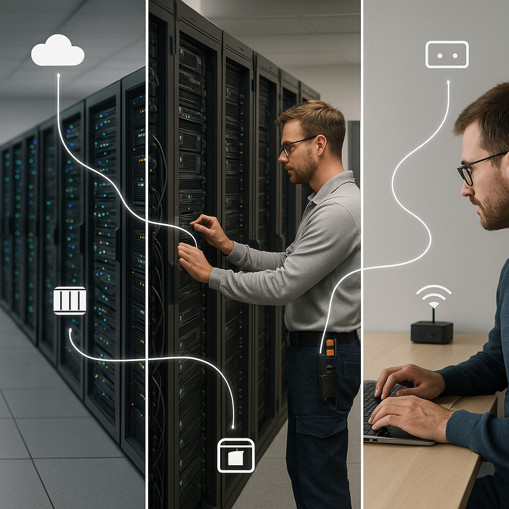Framed triptych of photorealistic panels showing a cloud data center, an on‑premises server room, and a developer laptop, connected by illuminated lines representing synchronized state; small container and edge device icons overlay the connections under neutral studio lighting.