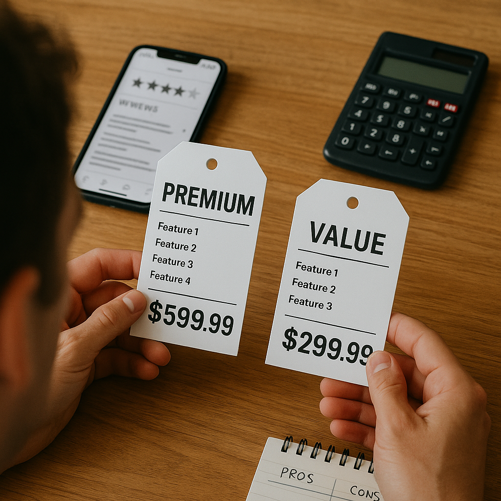 Close-up of a consumer comparing two product price tags and feature lists on a wooden table: one tag labeled “Premium” with a higher price and detailed specs, the other labeled “Value” with a lower price; a smartphone open to a review page, a calculator and a notepad with pros and cons visible, all in soft natural light, photo-realistic.