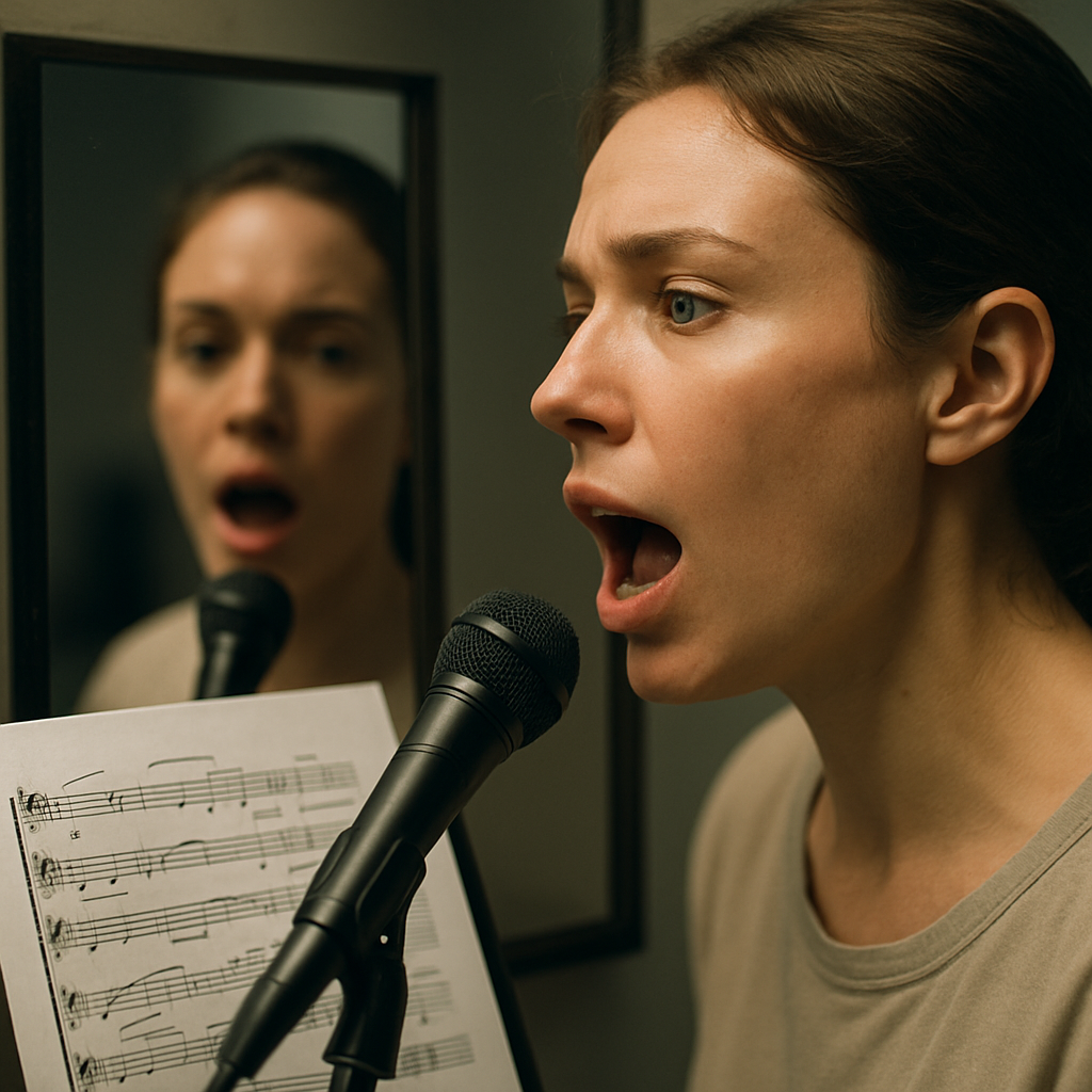 Close, detailed portrait of a singer practicing in front of a mirror, articulating with clear mouth shapes—visible tongue and teeth—expressive eyes, sheet music with penciled phrasing marks, soft studio lighting highlighting facial muscles and realistic skin texture.