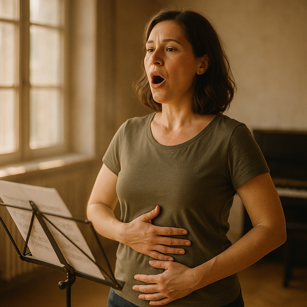 Close-up photo-realistic image of a mid-30s woman singing in a sunlit practice room, standing relaxed with one hand on her lower ribs and the other on her abdomen, chest slightly rising as she forms an open vowel; a small music stand with sheet music is in front, soft backlight highlights her breath and warm tones with shallow depth of field.