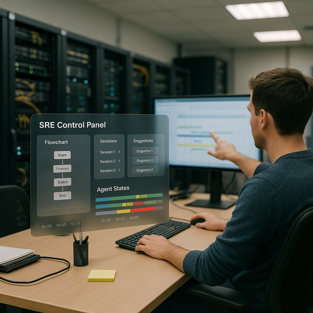 Cutaway view of a modern server room blended with a semi-transparent software dashboard floating above a desk. A labeled “SRE” control panel shows flowcharts, session timelines, and saved snapshots. A developer points at a timeline of agent states on a large monitor. Realistic lighting, shallow depth of field, photo‑realistic.