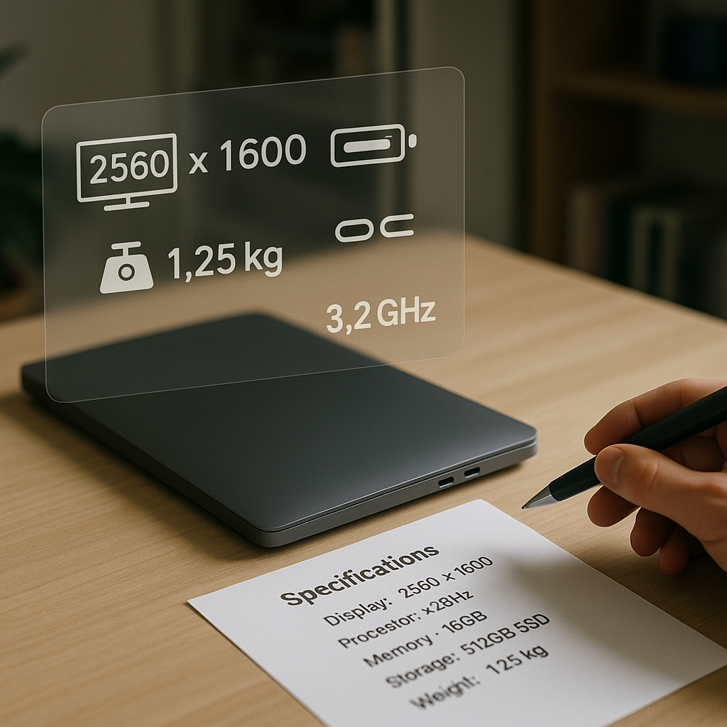 Angled studio shot of a neatly arranged tech product with translucent overlay callouts showing resolution, battery icon, weight scale, connector ports, and gigahertz numbers; hands pointing with a pen at a specifications sheet beneath crisp studio lighting, photo-realistic.