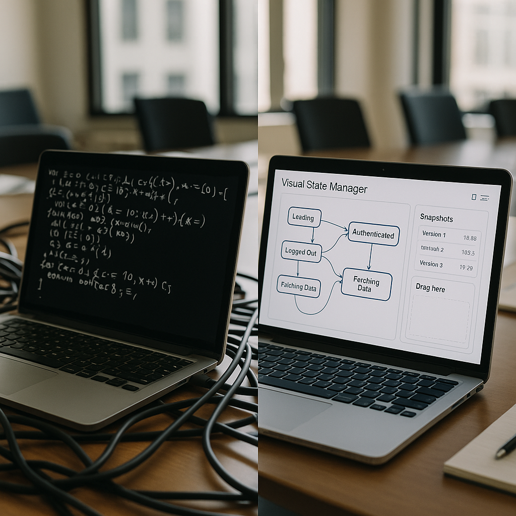 Split-view photo: left side shows a messy laptop with tangled cables and handwritten code on the screen; right side shows a clean visual state manager UI with organized states, versioned snapshots and drag-and-drop workflows in a businesslike conference room bathed in crisp daylight—photo‑realistic, high detail.