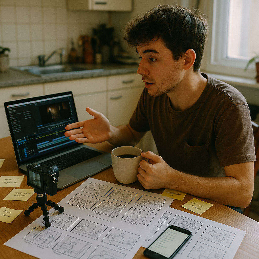 Young creator at a kitchen table with storyboard sketches, sticky-note shot list, a compact camera on a small tripod, and a smartphone showing a notes app; holding a cup of coffee and pointing to a laptop timeline in morning light, candid documentary style.