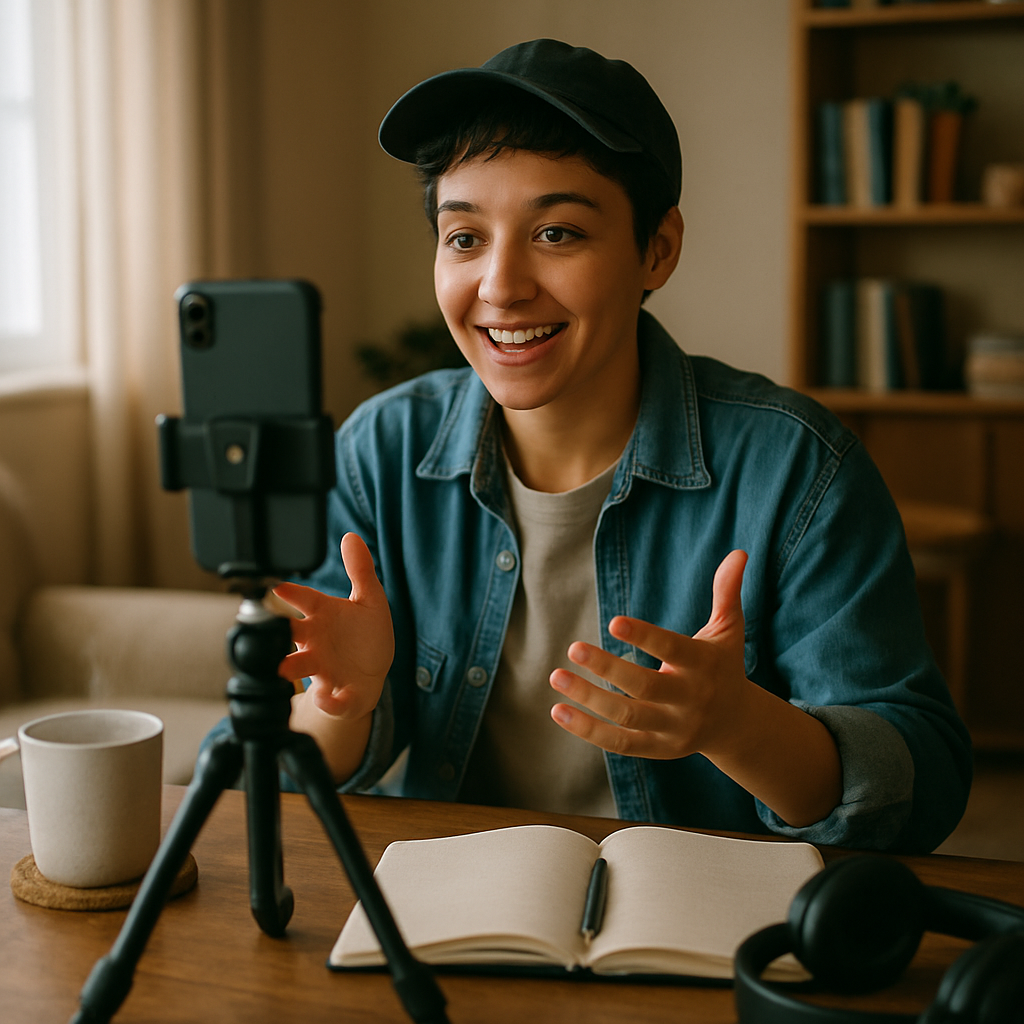 Young creator filming a vlog with a smartphone on a tripod in a cozy home setting by a window, natural light, casual props like coffee, notebook, and headphones, smiling candidly.
