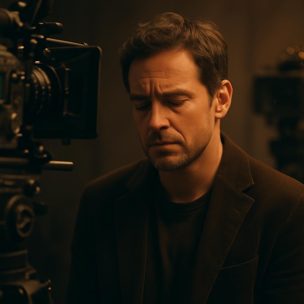 Actor practicing in a well-lit film studio, showcasing subtle emotions amidst cameras and equipment.