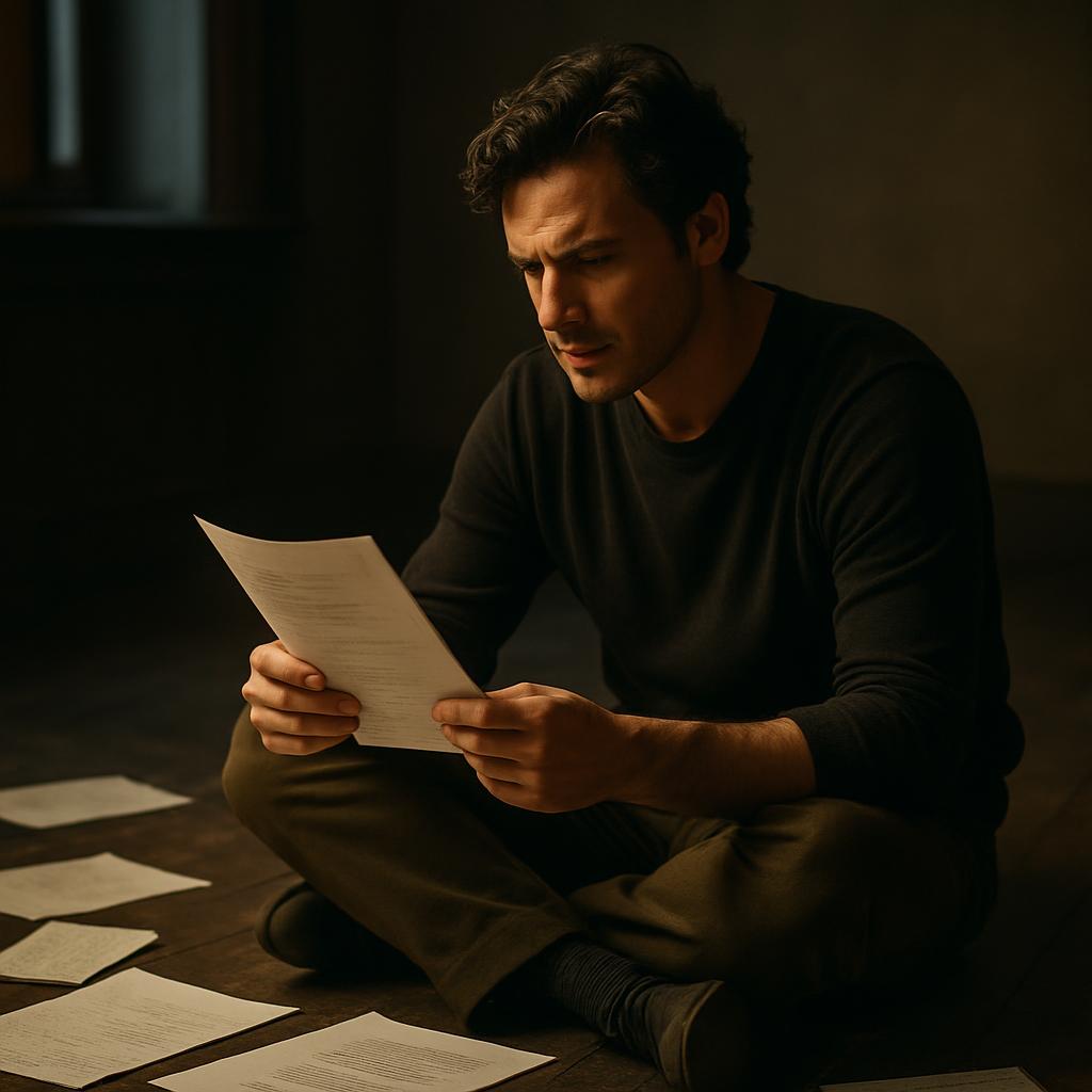 Actor rehearsing alone in a quiet room with script pages and notes, focusing on their craft with soft lighting.