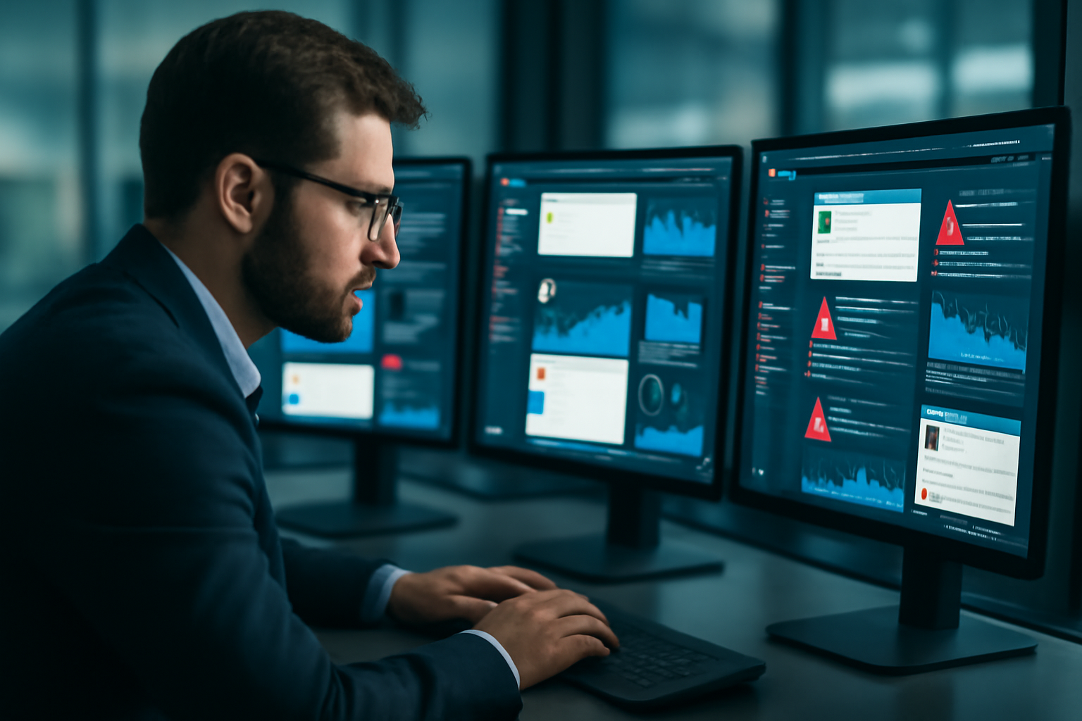 Analyst reviewing social media posts on multiple screens in a modern office, with highlighted graphs and alerts for flagged content.
