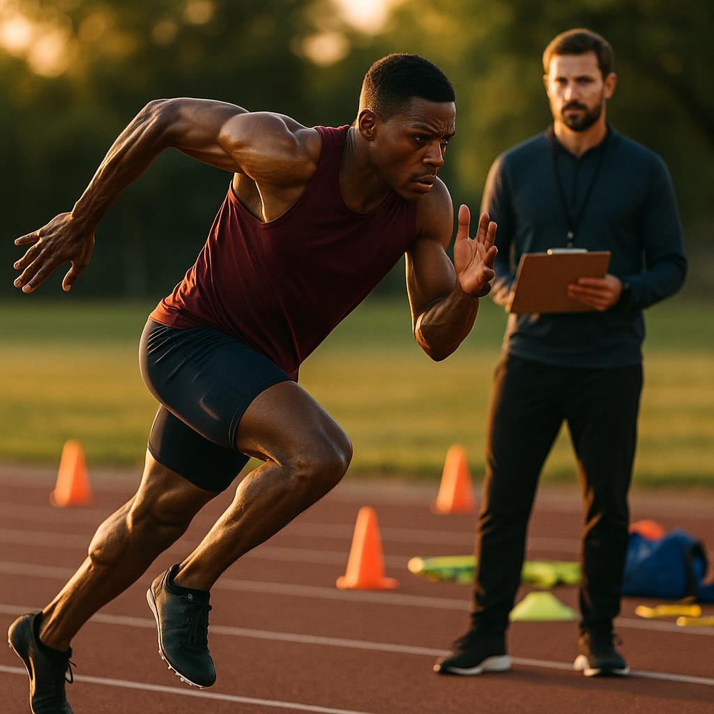 Athlete practicing running drills with a coach observing, surrounded by sports equipment and cones.