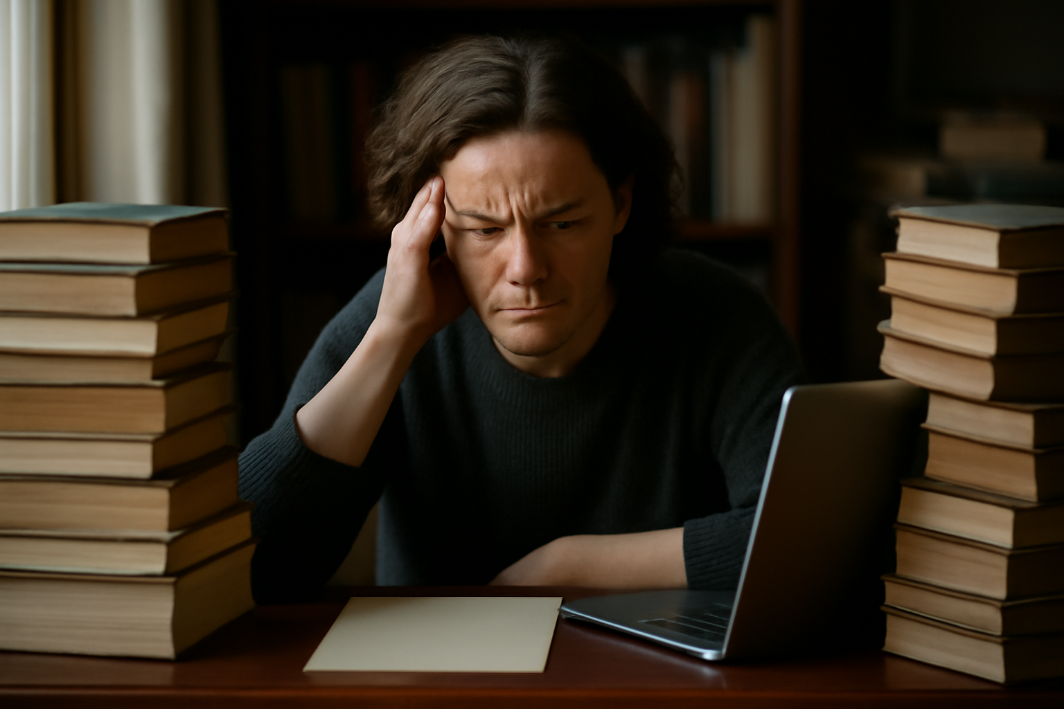 An author deep in thought at a desk surrounded by books and a laptop, with a blank page in soft, neutral lighting.