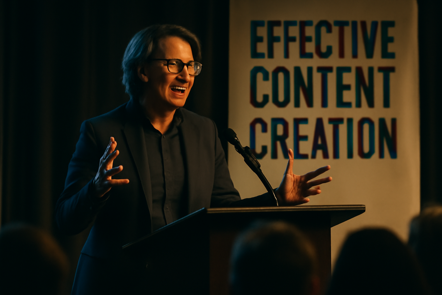 Author Delivering Speech on Content Creation Professional author delivering a speech on effective content creation at a podium before an engaged audience.