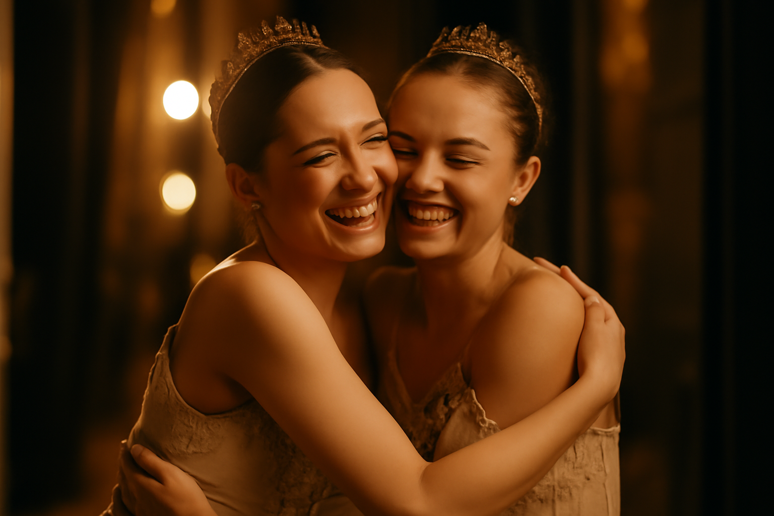 Backstage dancers sharing a warm embrace filled with laughter and camaraderie after a performance.