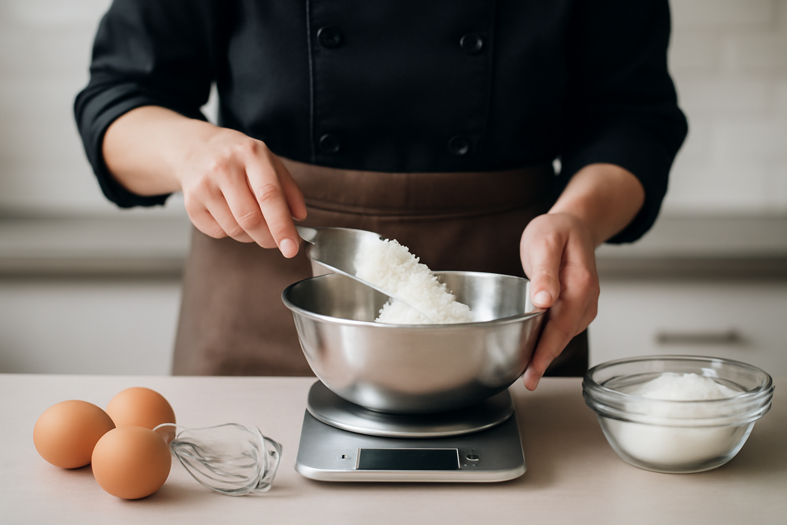 Baker measuring flour with a scale, pouring into a mixing bowl surrounded by eggs, sugar, and a whisk on a countertop.
