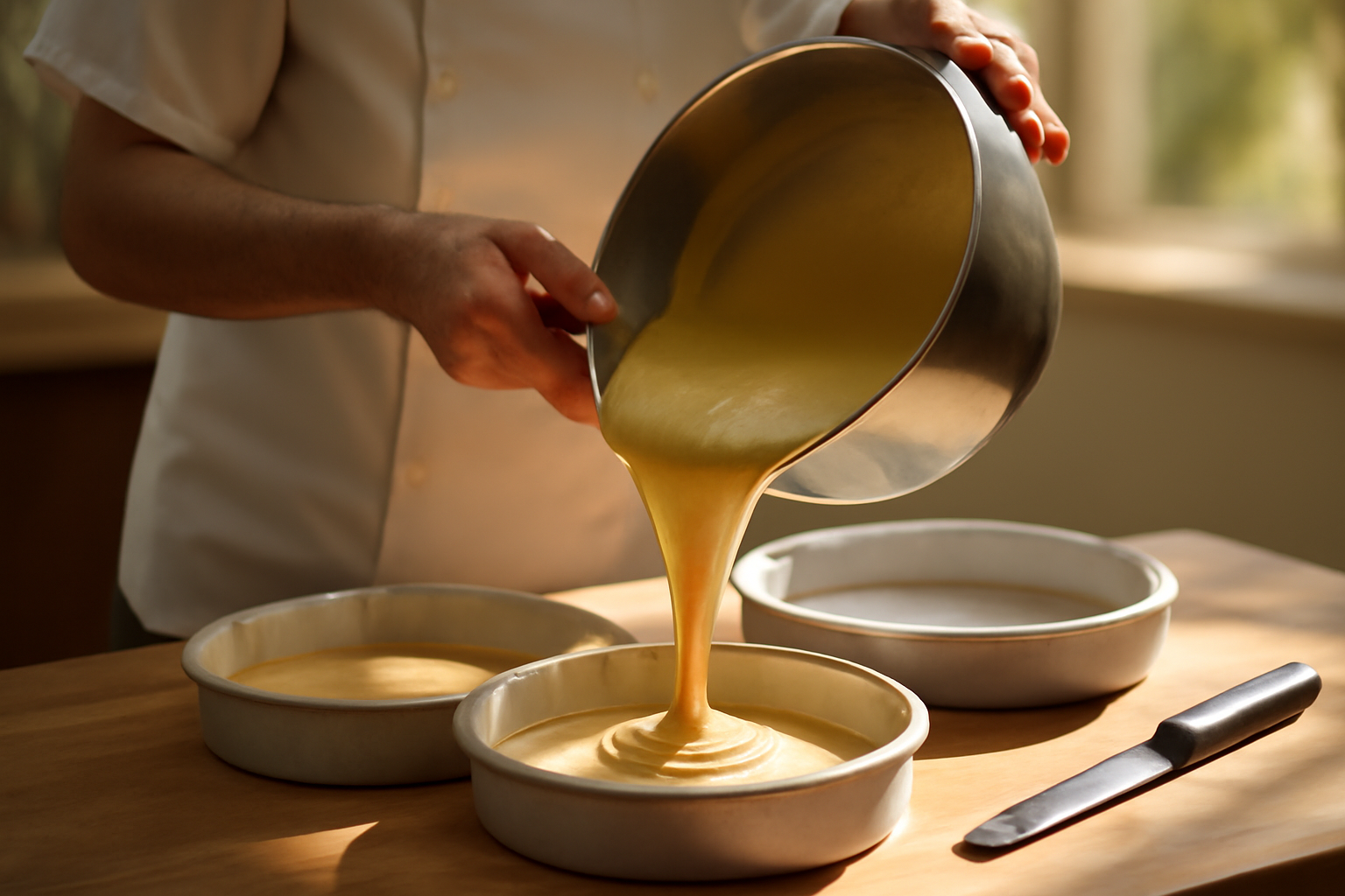 Baker pouring cake batter into lined pans with a spatula at hand for perfect distribution.